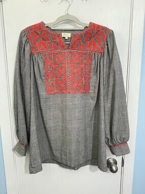 Layerz Blouse XL Black White Houndstooth Plaid Embroidered Preppy Office